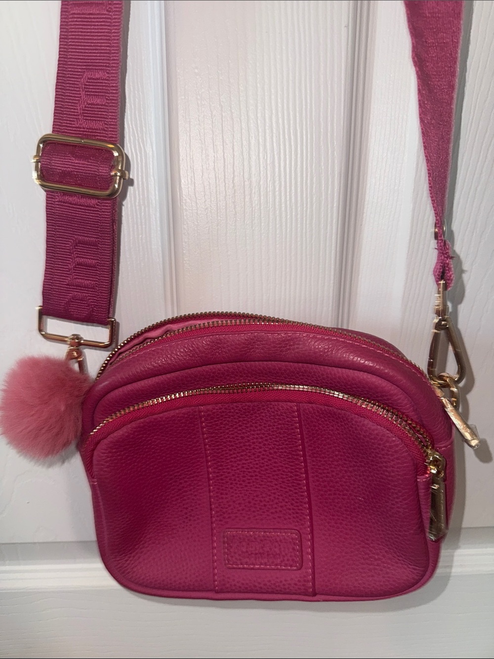Compact Fuchsia Crossbody with Pom Pom Charm